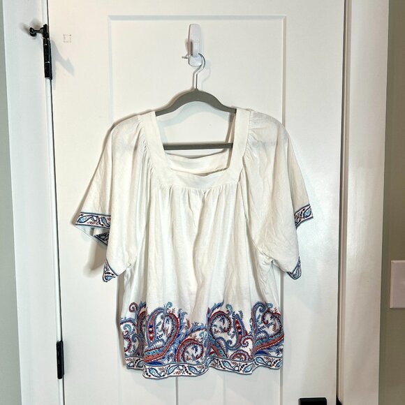 J. Jill White Square Neck Boho Flutter Sleeve Paisley Colorful Top Size XL - Picture 1 of 5